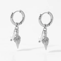 Silver stainless steel hoop earrings with conch shell pendants and white pearls - Small Spiral Conch Silver (D3068)