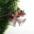 White Christmas bells hanging with red plaid ribbon and pine branch detail - White Double Bells (Small)