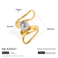 Detail view of gold stainless steel ring featuring 8mm pearl bead with size measurements - Adjustable Open / 3D Wave Wire Wrap Style (NB-R24357)
