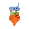 Detail of color-block swimsuit with hollow-out cutouts and 3D satin flowers - S / Color-Block Swimsuit