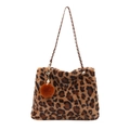 Leopard print plush shoulder bag with gold chain strap and decorative pompom charm - Brown