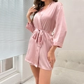 Short pink satin kimono robe with v-neck and waist tie for women loungewear - S / Pink