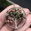 Handmade tree of life pendant with green and reddish-brown unakite stones and silver wire - Unakite