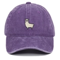 Close-up of purple washed cotton baseball cap featuring detailed white alpaca embroidery - Adjustable / Purple