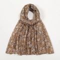 Brown voile scarf with white and red floral print in a lightweight soft drape style - Brown Red White Floral