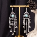 Bohemian silver drop earrings with turquoise stones and long metal tassel fringes - S4298 Blue Water Drop Tassel Earrings