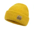 Cozy ginger yellow knitted beanie for babies with cute smiling face patch and folded cuff - S (6-36 Months) / Earthy Yellow