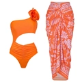 One-shoulder bright orange swimsuit with 3D flower and tropical sarong beach set - S / Cut-out One Piece Swimsuit + Sarong Set