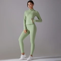 Gedetailleerd matcha groen yoga setje met lange mouwen ritsjack en hoge taille sportbroek - S / Avocadogroen