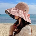 Pink wide brim sun hat with bow detail and straw hollow top for outdoor sun protection - M Logo Open Top Pink