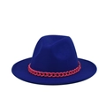 Close-up of royal blue wool fedora featuring a bold pink chain link decorative band - Color 22