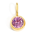 Macro view of a round pink crystal birthstone pendant with golden bezel setting - October Pink (0.8cm*0.8cm)