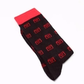Detail view of cotton crew socks featuring a black base with red camera pattern prints - One Size / Red Camera Pattern (A180)