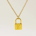 Gold padlock necklace with gothic letter H engraving on a minimalist fine O-chain link - Letter H Style