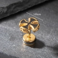Macro detail of gold cross earring with black enamel and 1.01cm diameter measurement - Enamel Cross Style (S176)