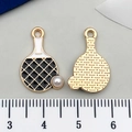 Pendentifs raquette de ping-pong émaillés dorés avec motif noir pour création de bijoux DIY - Black Ping Pong Racket with Pearl (21738)