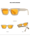 Three views of retro rectangle sunglasses with off-white thick frames and orange lenses - Beige Frame Yellow Lens