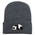 Dunkelgraue Strickmütze mit süßer Panda-Stickerei und modischem Umschlagrand - 54-60cm / Dunkles Heidegrau