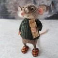 Handmade needle felted grey mouse in green sweater holding a miniature newspaper - Grey Mouse-Dark Green Sweater-Holding Newspaper