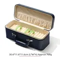 Large blue PU leather jewelry box for bracelets with velvet interior and metal handle - 15 Slots / Blue Exterior / Beige Interior