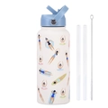 Borraccia sportiva 1L in acciaio inox bianca con manico blu e motivo artistico nuoto - Bianco Avorio 23C