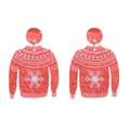 Close-up of red Christmas sweater earrings with white snowflakes and glitter details - Sweater Shape / Red Heart Stud Earrings
