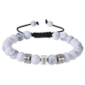 Close-up of beaded map stone bracelet with custom engraved stainless steel names - White Turquoise - 1 Name