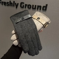 Men's wool knit winter gloves in dark grey and beige with leather snap buttons - One Size / Gray (Ribbed Style)
