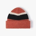 Women's tricolor striped wool knit beanie in orange, black, and beige with folded cuff - Adjustable / Orange Red