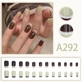Brown and matcha green French press-on nails set with 24 pieces in various sizes - Mid-long Square Round Geometric Color Block (A292) / Glue Type (Set of 24)