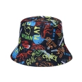 Detail of black sun hat featuring colorful graffiti prints like dinosaurs and urban text - Black Dinosaur Skateboard Street Style (M)