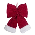 Detailed view of large red velvet Christmas bow with white plush trim and glitter finish - 10*14cm / Glitter Red