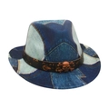Chapeau Fedora en denim délavé avec bande en cuir noir et emblème de crâne en laiton - Taille Enfants / Crâne en Denim / Haut en Cœur / Bleu Royal
