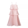 Elegant pink tiered satin camisole maxi dress with layered ruffle skirt for women - S / Pink