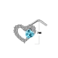 Detailed view of heart-shaped nose stud with light blue gem and white crystals 7mm size - Silver Light Blue Heart Style (#7)