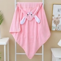 Close-up of pink coral fleece baby hooded towel with cute rabbit embroidery and ears - Pink Long-eared Character