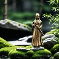 Detailansicht einer chinesischen Miniaturfigur mit Kupfer-Finish für Bonsai-Landschaften - Alte Dame