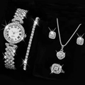 Silver quartz watch jewelry set with rhinestones, bracelet, necklace, ring and earrings - Silver Set (2#)