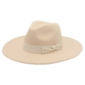 Detail of elegant beige wool fedora hat featuring a stylish grosgrain ribbon and bow accent - Adult (57-60cm) / 9.5cm Wide Brim / Beige