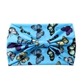 Blue yoga headband with colorful butterfly prints and a twisted knot design - Blue Base Multi Butterfly (HD37-01)