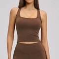 Women's tight quick-dry coffee brown sports set with square neck vest and high waist pants - Chocolate Brown