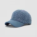 Close-up of blue sherpa kids baseball cap featuring fuzzy fleece and suede brim - 54cm (3-8 Years) / Hat Only / Blue