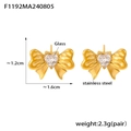 Orecchini a fiocco in acciaio inossidabile dorato con pietre di vetro a forma di cuore - Orecchini Bottone Fiocco Cuore Vetro Bianco (F1192) / Vetro Bianco Dorato