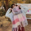 Rainbow checkered winter scarf with tassels in pink and gray wool worn outdoors - Pink Plaid