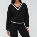 Women's black V-neck sports sweatshirt and leggings set with white stripe accents - S / Premium Black