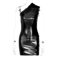 Slim fit black shiny coated one-shoulder bodycon mini dress with metallic leather look - S / Black