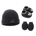 Detailed view of dark grey knitted baby set with hat, shoes, and mittens set - Dark Grey Bear - 3-Piece Set