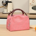 Insulated lunch bag with red and white stripes and brown rope handles for work and school - Red Striped