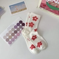 White cotton crew socks with red flower patterns and FLOWER text detail - One Size / Flower Pattern / Off White