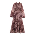 Maxikleid im Boheme-Paisley-Print aus Chiffon mit Brustfalten und langen Ärmeln - XS / Burgunderrot Druck
